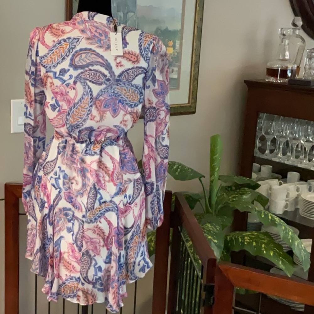 Milly - Paisley Long-Sleeve Chiffon Tie-Waist Dress in Pink & Blue - Picture 3 of 6